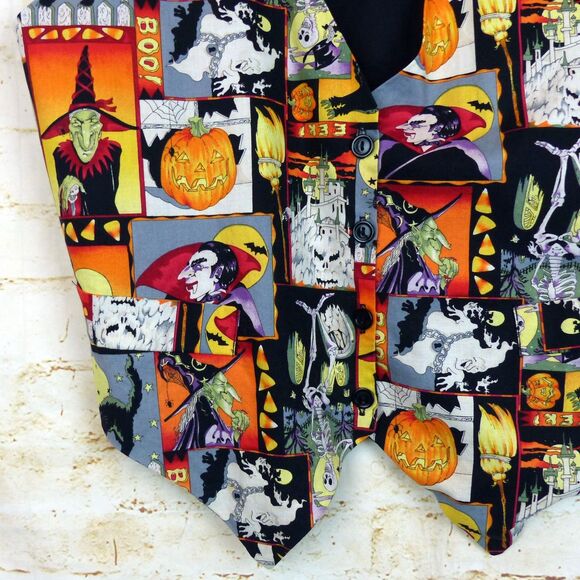 VTG 90s Smoke Valley Halloween Theme Vest Women L/XL Dracula Witch Skeleton Owl - Picture 4 of 10